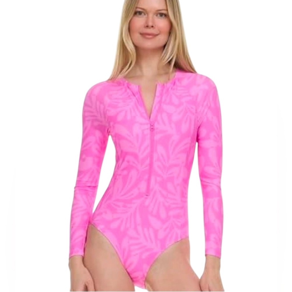 Hurley Pink Floral Long Sleeve One Piece Swimsuit Large